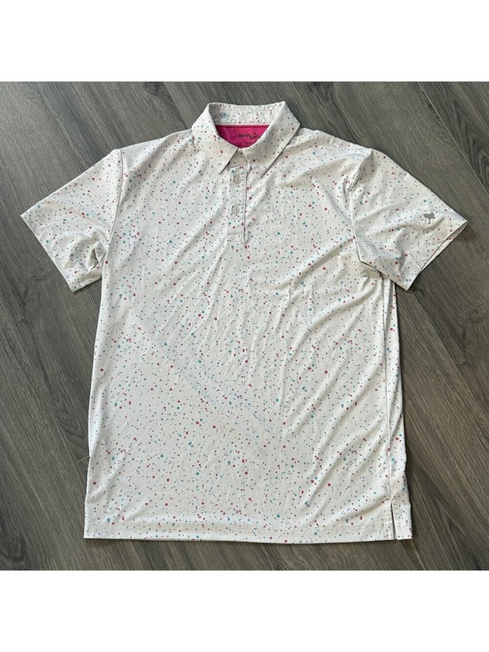 Birdie Bound Polo Shirt Mens Small White Paint Splatter Golf Stretch Performance